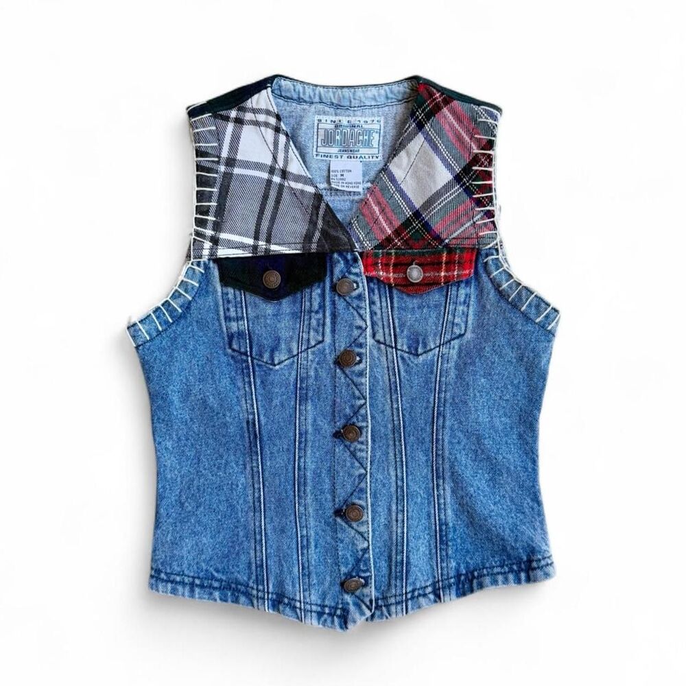 Vintage Jordache Denim Vest Plaid Collar Size M